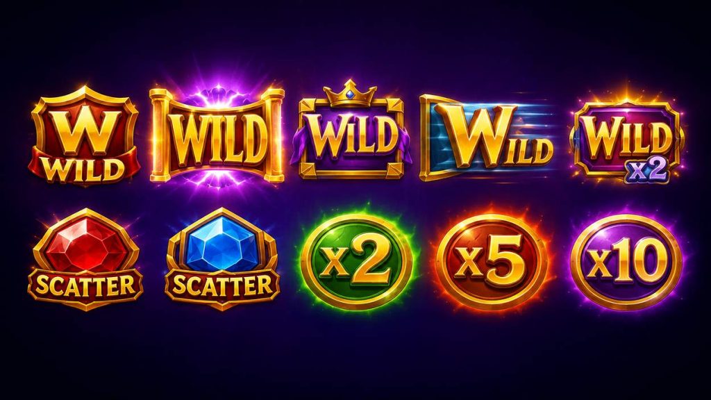 Wild, scatter og multiplikatorer på slots